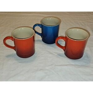 Le Creuset Stoneware Mugs Set of 3 Flame Orange and Cobalt Blue 14oz Coffee Cups
